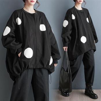 【米蘭精品】風衣長版外套-不規則波點印花抽繩立領女外套黑色74jb84