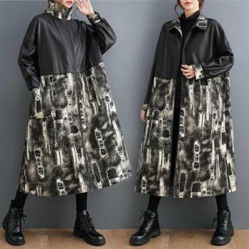 【米蘭精品】風衣長版外套-PU拼接時尚拉鍊套立領女外套黑色74jb65