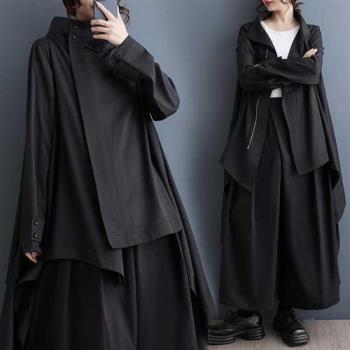 【米蘭精品】風衣長版外套-寬鬆立領中長款不規則顯瘦女外套黑色74jb50