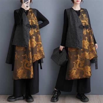 【米蘭精品】風衣長版外套-重工無袖不規則疊穿女外套黑拼黃色74jb44