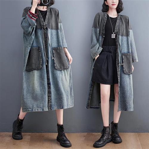 【米蘭精品】風衣長版外套-牛仔撞色拼接V領中長款復古女外套藍色74jb15