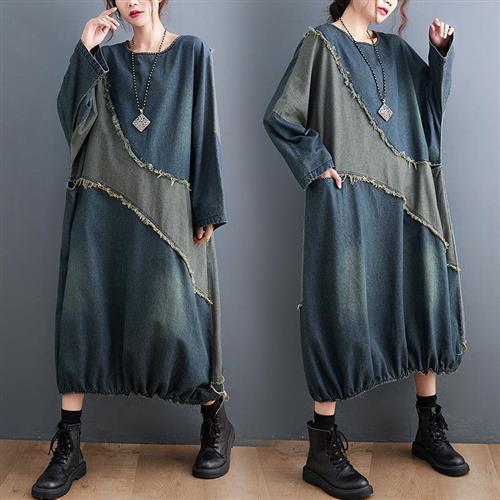 【米蘭精品】洋裝長袖連身裙-韓版撞色拼接牛仔女裙子藍色74jb13