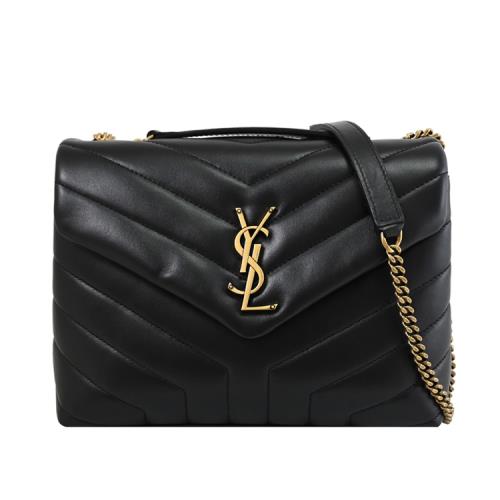 YSL 494699 LOULOU 柔軟絎縫車線小牛皮翻蓋雙層斜背包.黑/金