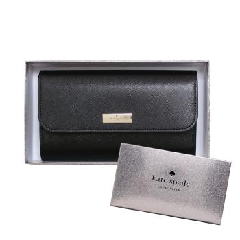 KATE SPADE KENZIE立體金標防刮紋皮革翻蓋厚長夾 手拿包 禮盒(經典黑)