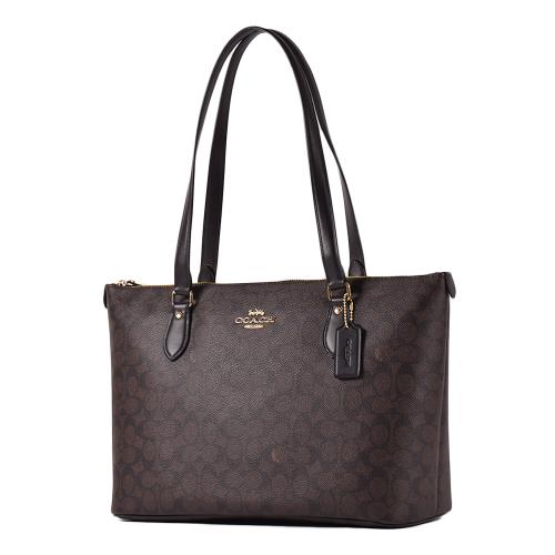 COACH 緹花LOGO防刮後拉鍊置物托特包-咖啡色