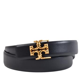TORY BURCH 專櫃款 雙T滑面皮革窄版針釦皮帶-黑色
