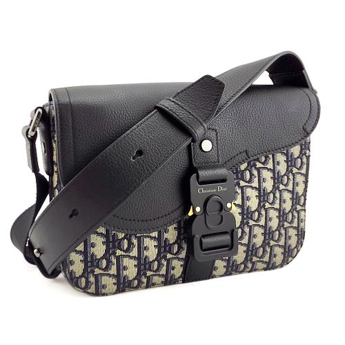 九五成新展示品！DIOR 深藍色Logo緹花搭皮革斜背馬鞍包