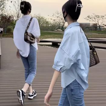 【10衣綾】防曬素色五分短袖落肩袖拼接翻領寬鬆襯衫上衣(百搭/透氣/舒適/4色/M-XL/KDTQ-3822)