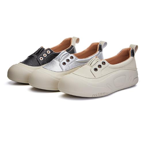 JP Queen New York 抓皺牛皮免綁帶圓頭淺口女款厚底休閒鞋(3色可選)
