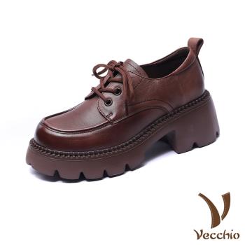 【VECCHIO】全真皮輕量厚底繫帶粗跟牛津鞋/全真皮頭層牛皮輕量厚底百搭繫帶粗跟牛津鞋 女鞋 棕