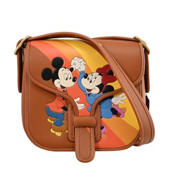 COACH CQ801 DISNEY聯名 米奇米妮圖樣壓紋皮革翻蓋斜揹包.咖