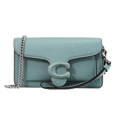 COACH CJ925 經典C LOGO荔枝皮革翻蓋手提斜背兩用包.水藍