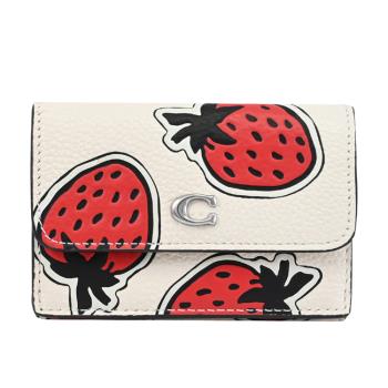 COACH CU473 經典C LOGO草莓印花荔枝皮革三折零錢小短夾.白