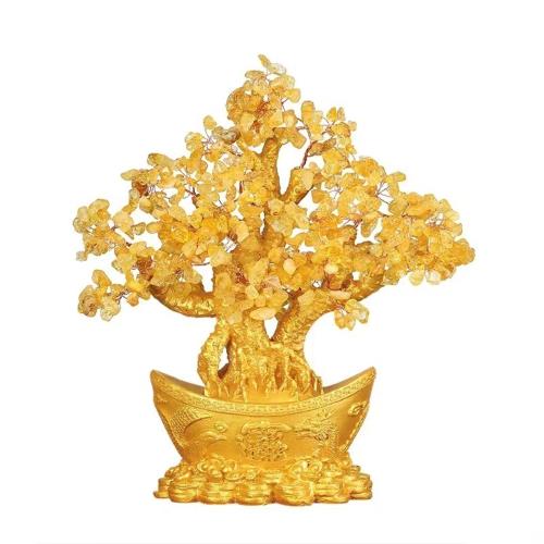 【A&R】招財黃水晶樹 聚寶盆 金元寶款 高18cm(開業 聚財 喬遷 風水 搖錢樹 玄關 擺飾 送禮)