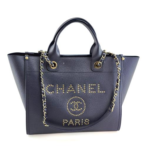 九成新！CHANEL 藍色粒面牛皮金色鉚釘手提肩背兩用沙灘包