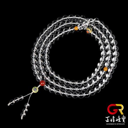 【正佳珠寶】白水晶 頂級極淨 10mm 老蜜蠟 轉運平安珠 108顆 白水晶念珠｜特製棉繩