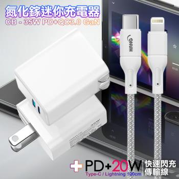 CITY 35W Gan氮化鎵Type-C(PD)+USB快充白+HANG 20W高密編織 Type-C to Lightning PD快充充電線1m