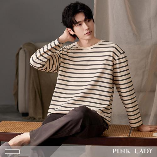 【PINK LADY】男睡衣 棉柔長袖成套睡衣 奶咖條紋 印花寬版 秋冬兩件式居家服(保暖/情侶睡衣/圓領)24072