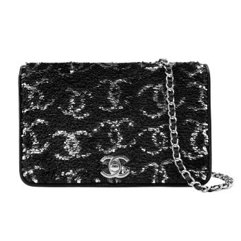Chanel 展示品 亮片雙C銀釦斜揹包WOC(AP3506-黑)
