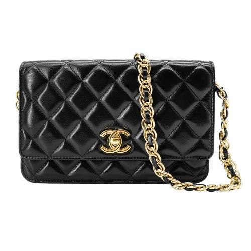 Chanel 展示品 油蠟羊皮金釦粗鏈斜背包WOC( AP3310-黑)