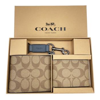 【COACH】C LOGO男款8卡短夾附鑰匙圈活動證件夾禮盒(焦糖/藍)