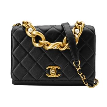 Chanel 展示品 菱格羊皮復古金鍊珍珠把手二用包-20cm(AP2639-黑)