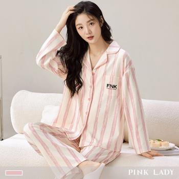 【PINK LADY】棉柔長袖成套睡衣 繪畫直條紋 印花寬版 秋冬排扣居家服(保暖/情侶睡衣/女睡衣/兩件式)7727