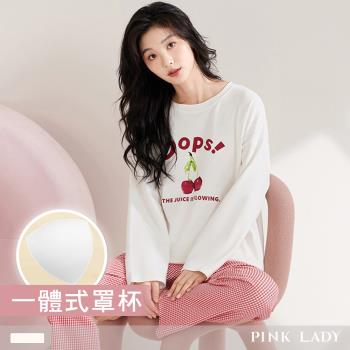 【PINK LADY】罩杯式 長袖成套睡衣 櫻桃格紋 印花寬版 秋冬兩件式居家服(條紋/女睡衣/女睡衣/保暖) 24136