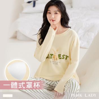 【PINK LADY】罩杯式 長袖成套睡衣 奶油兔寶 印花寬版 秋冬兩件式居家服(條紋/女睡衣/女睡衣/保暖) 24130