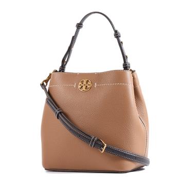 TORY BURCH 荔枝紋磁釦手提/斜背二用水桶包-棕色/小