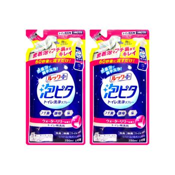 (2袋超值組)日本LION獅王-LOOK PLUS密著泡沫約60秒除垢消臭浴廁清潔劑補充包250ml/袋-睡蓮香粉標(衛浴潔廁噴霧,廁所清潔去汙洗劑)