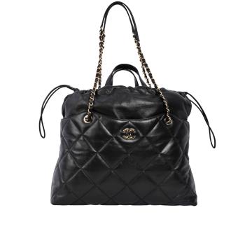 二手商品9.2成新 CHANEL 淡金色CC Logo 大款抽繩手提包/肩揹包/購物包(黑色)