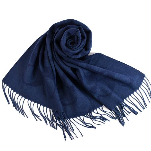 COACH 大C LOGO羊毛流蘇圍巾-單寧藍