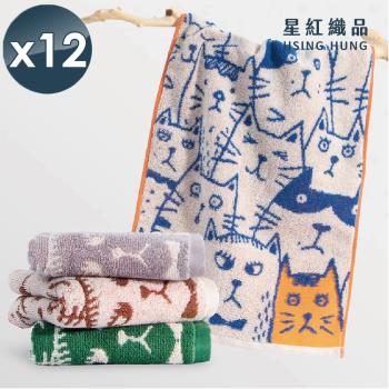 星紅織品 可愛胖胖貓雙面圖案純棉毛巾x12入