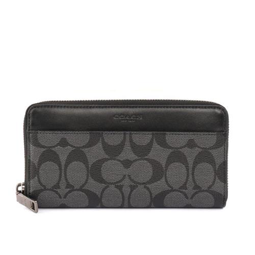 COACH PVC LOGO皮革ㄇ拉長夾(黑灰色)