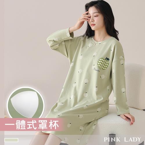 【PINK LADY】罩杯式長袖睡裙 青蘋心語 印花寬版 秋冬居家服(女睡衣/保暖/居家睡衣/連身睡裙/免穿內衣)81234