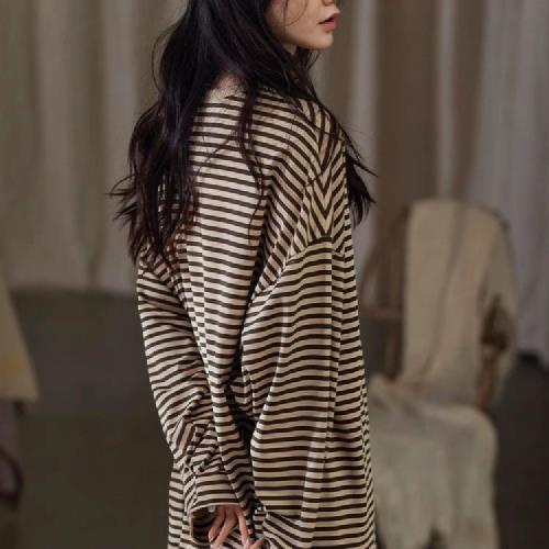 【藍尼居家】★棉質條紋過膝睡裙(女睡衣/家居服/舒適)