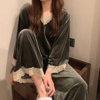 【藍尼居家】★金絲絨蕾絲家居睡衣(女睡衣/家居服/舒適/兩件式)