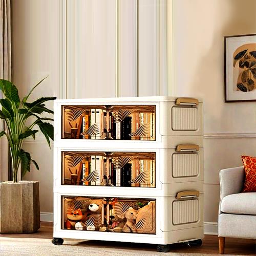 Mr.box  70面寬折疊雙開門三層收納櫃-美式手把附滑輪-兩款可選