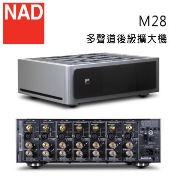英國 NAD M28 多聲道後級擴大機，採用銀色系設計，完美支援立體聲輸出，尺寸為 435W x 156H x 380D mm，重量僅 21.2 KG。具備國際電壓 100-240V 電源供應，適合全球使用。無配件附贈，BSMI 認證碼 R35819，享有 1 年保固，產地中國。專業音響愛好者首選，強勁功率提升您的音樂體驗。