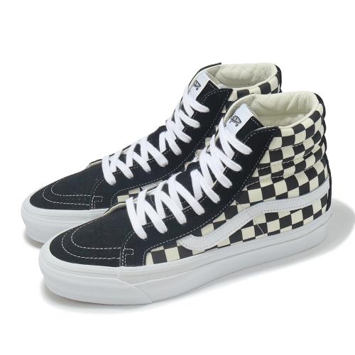 Vans 休閒鞋 Sk8-Hi Reissue 38 男鞋 黑米白 棋盤格 高筒 拼接 板鞋 VN000CR02BO