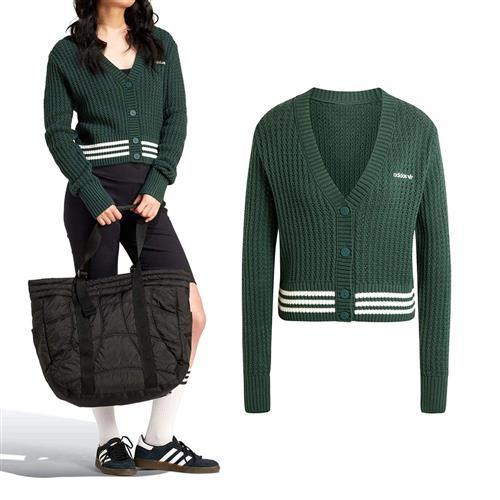 Adidas Cardigan 女款 綠色 運動 休閒 三葉草 復古 足球風 學院風 針織 外套 IX1046