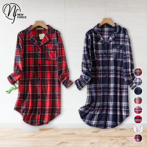 NEW FORCE 柔色格紋絨布長版居家睡裙-8色可選