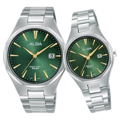 ALBA 雅柏 八角切面時尚對錶/綠X銀 (VJ42-X370Q+VJ22-X431Q)