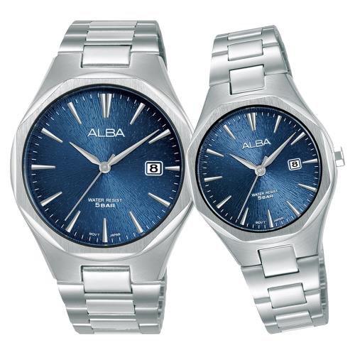 ALBA 雅柏 八角切面時尚對錶/藍X銀 (VJ42-X370B+VJ22-X431B)