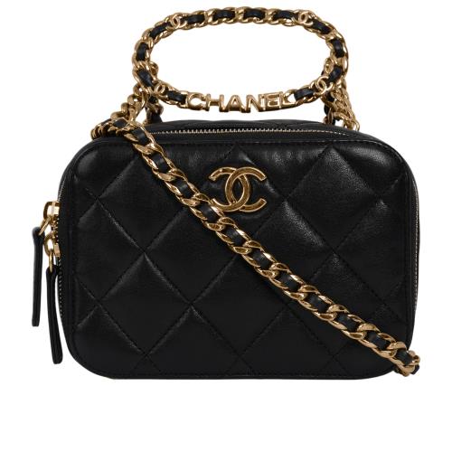 二手商品9成新_CHANEL 23C Logo 圓環提把二用雙拉鍊化妝箱(黑色)