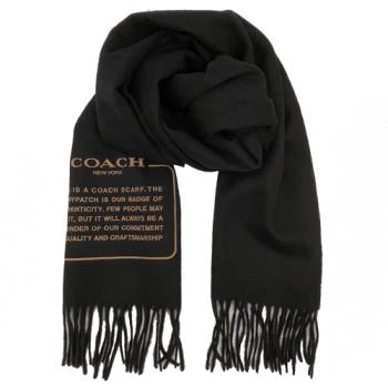 【COACH】素面字母LOGO雙面100%喀什米爾羊毛流蘇圍巾(黑)