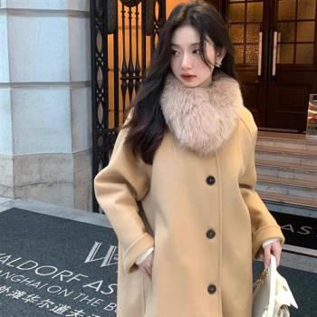 【巴黎精品】羊毛大衣毛呢外套-狐狸毛圍巾韓版寬鬆圓領法式女外套3色a1ik43