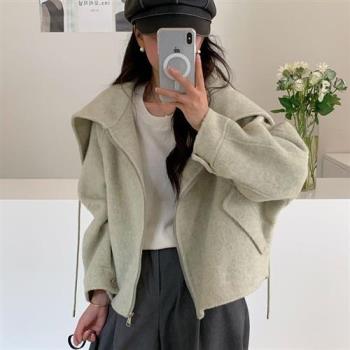 【巴黎精品】羊毛大衣毛呢外套-復古連帽大翻領蝙蝠袖短版拉鍊女外套3色a1ik33