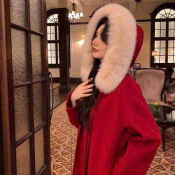 【巴黎精品】羊毛大衣毛呢外套-狐狸毛領小魔女連帽綁帶中長版女外套3色a1ik6
